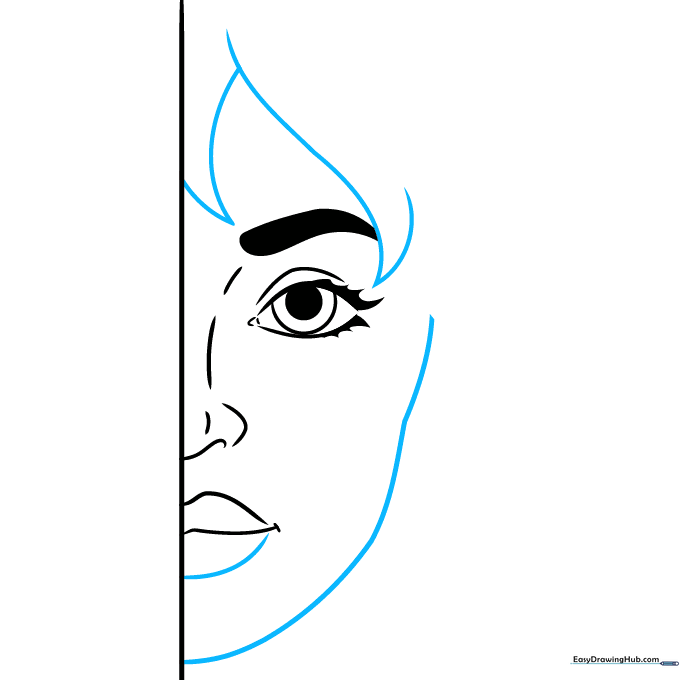 Defining the lower lip and starting the hair outline.
