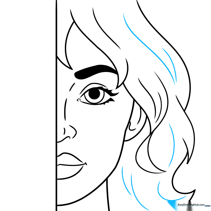 Final ink outline of the face with shaded iris and pupil.