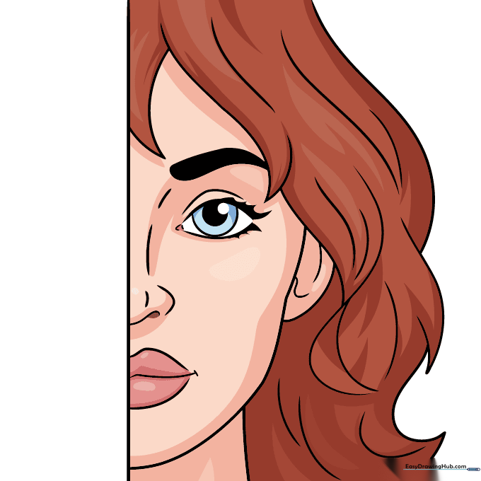 Finished colored portrait of a half face with vibrant hair and eye colors.