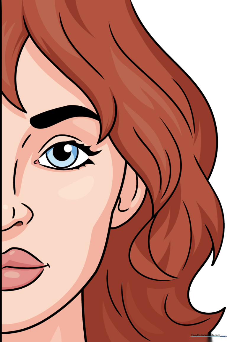A beautiful, finished half-face portrait drawing, showcasing detailed eyes and flowing hair.