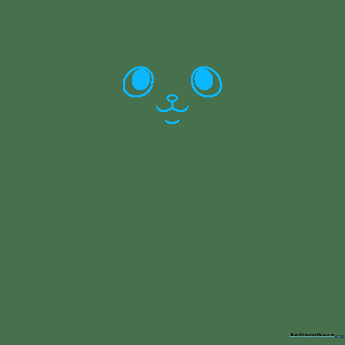Close-up of a cat's face sketch showing two oval eyes with pupils and a small triangular nose.