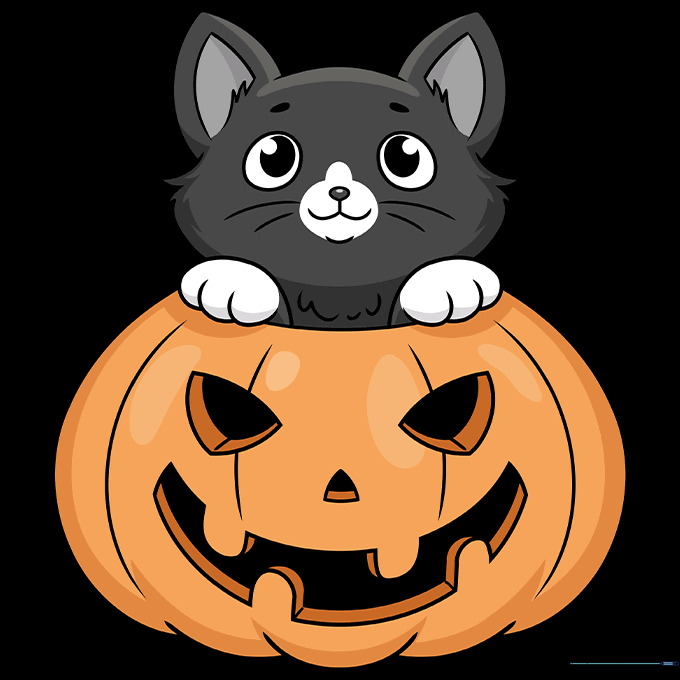 Final colored drawing of a black cat sitting in an orange jack-o'-lantern.