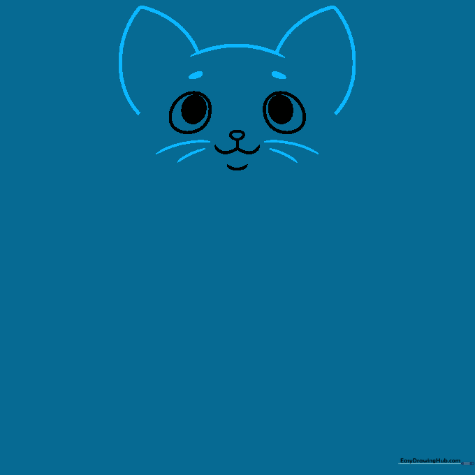 Drawing the cat's ears as rounded triangles and adding whisker lines on the cheeks.