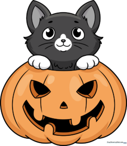 A colorful, finished illustration of a cute black cat peeking out of a carved jack-o'-lantern.