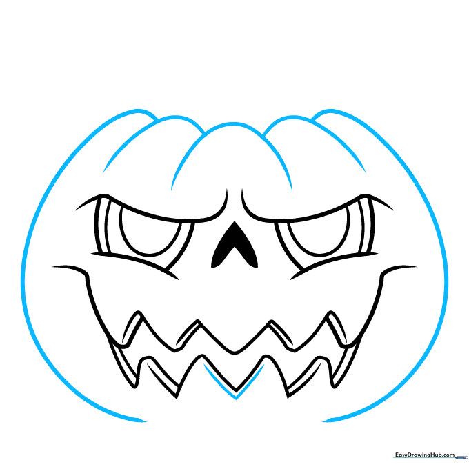 Outlining the round shape of the pumpkin head with curved lines.