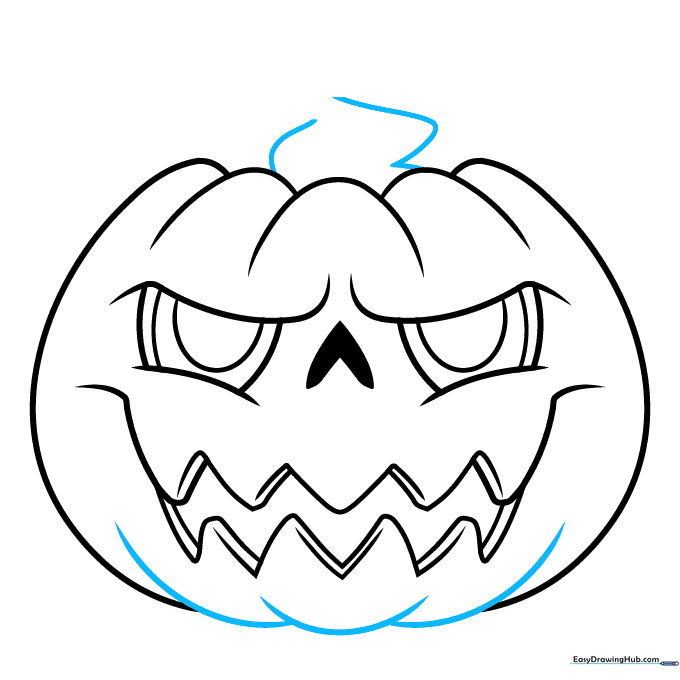 Drawing the pumpkin stem with wavy lines on top of the head.