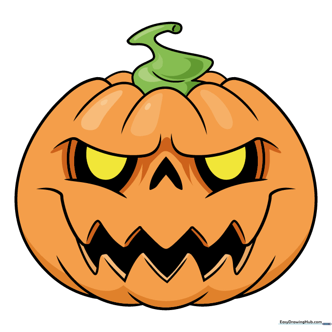 Finished colored Halloween pumpkin drawing with orange skin and yellow eyes.
