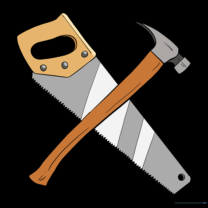 Completed hammer and saw drawing with vibrant colors applied.