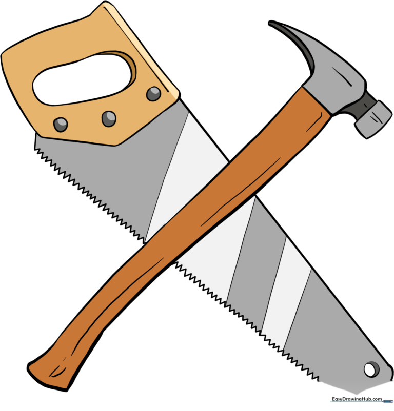 A finished, colored illustration of a hammer and a hand saw side-by-side.