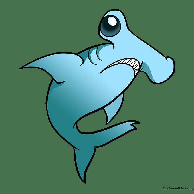 The finished, colored hammerhead shark drawing.