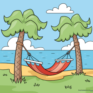 A colorful, finished drawing of a hammock hanging between two palm trees on a sunny beach.