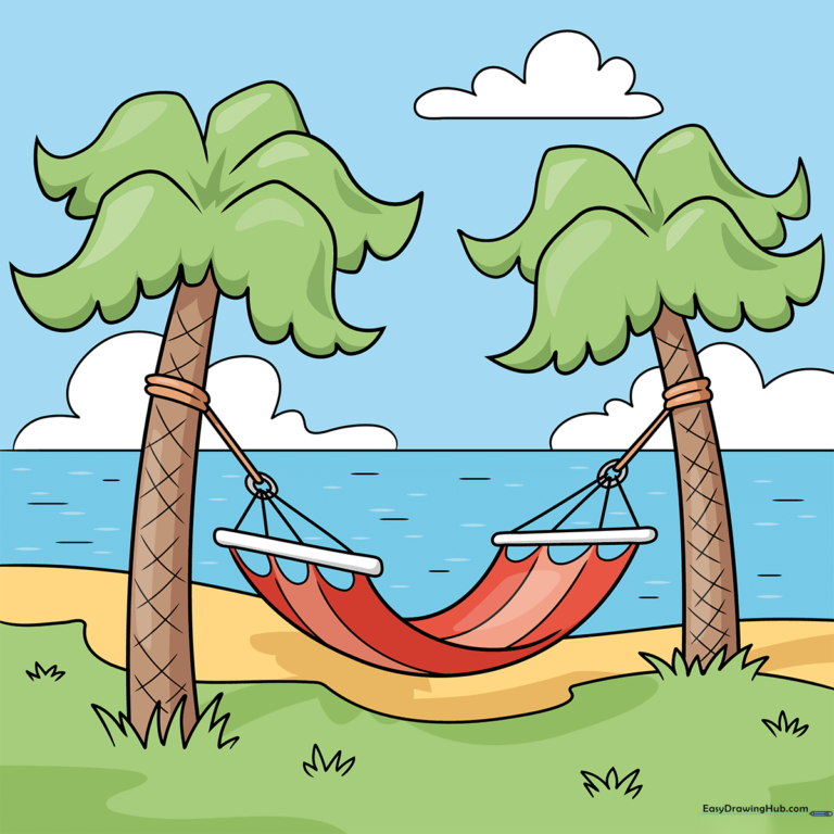 A colorful, finished drawing of a hammock hanging between two palm trees on a sunny beach.