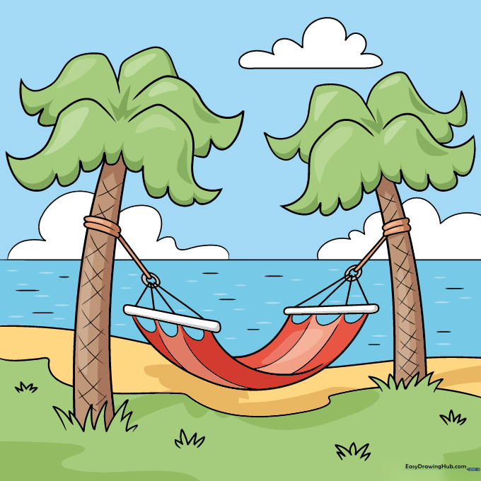 Fully colored drawing of a hammock between two palm trees on a beach.