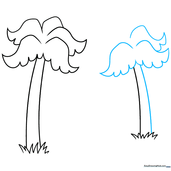 Two complete palm trees with fully drawn trunks and fronds.