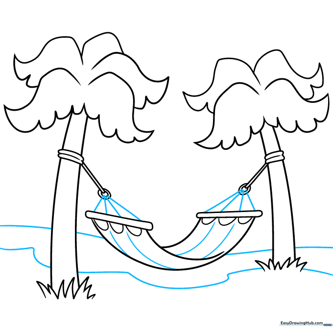 Hammock with striped pattern and a shoreline line drawn in the background.