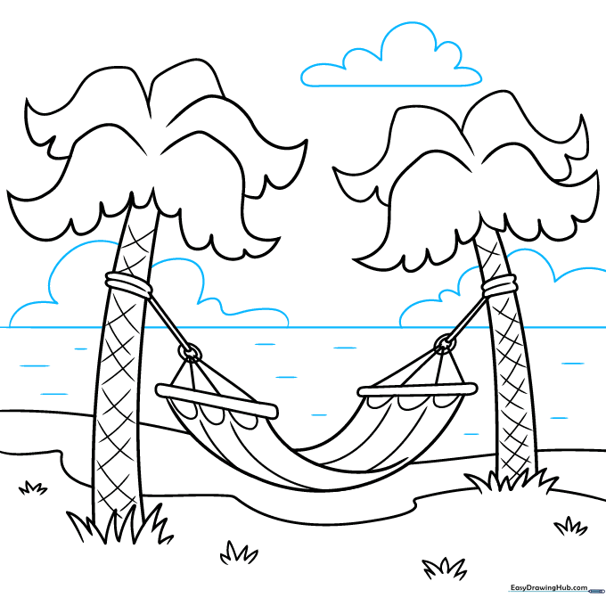 Completed landscape drawing with a horizon line, clouds, and water ripples.