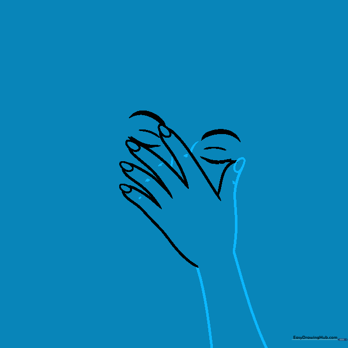 Completed hand sketch with thumb and arm lines added to the face composition.