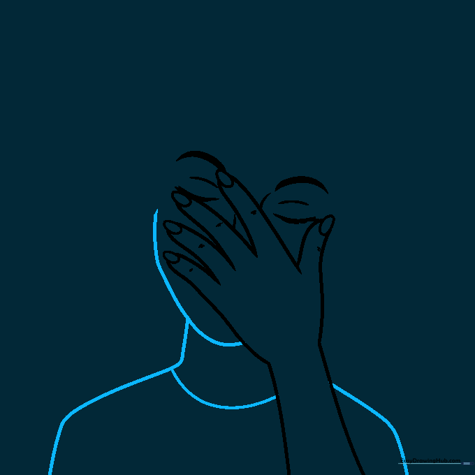 The outline of the face, neck, and shoulders added to the existing hand sketch.