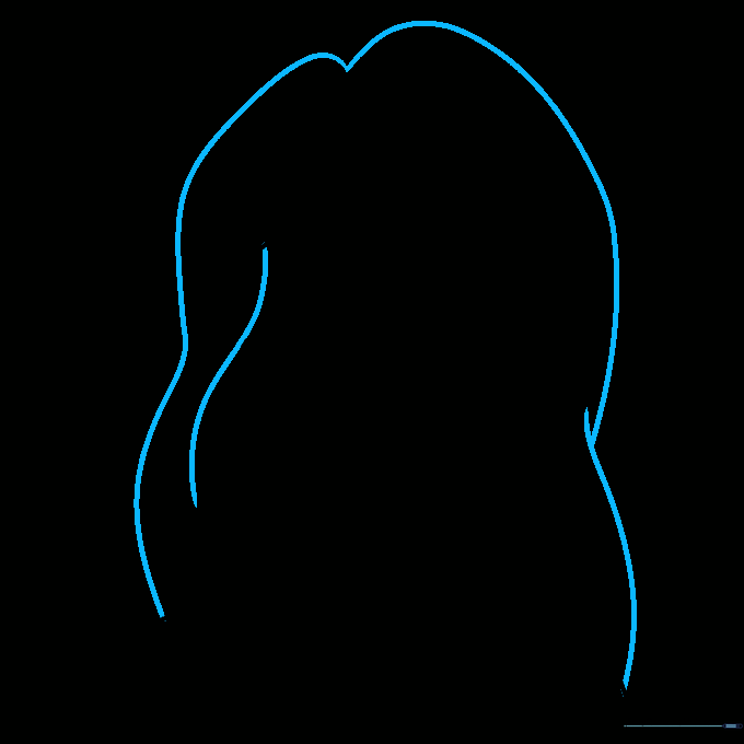 Hair volume added with hill-shaped curves and wavy lines connecting to the shoulders.