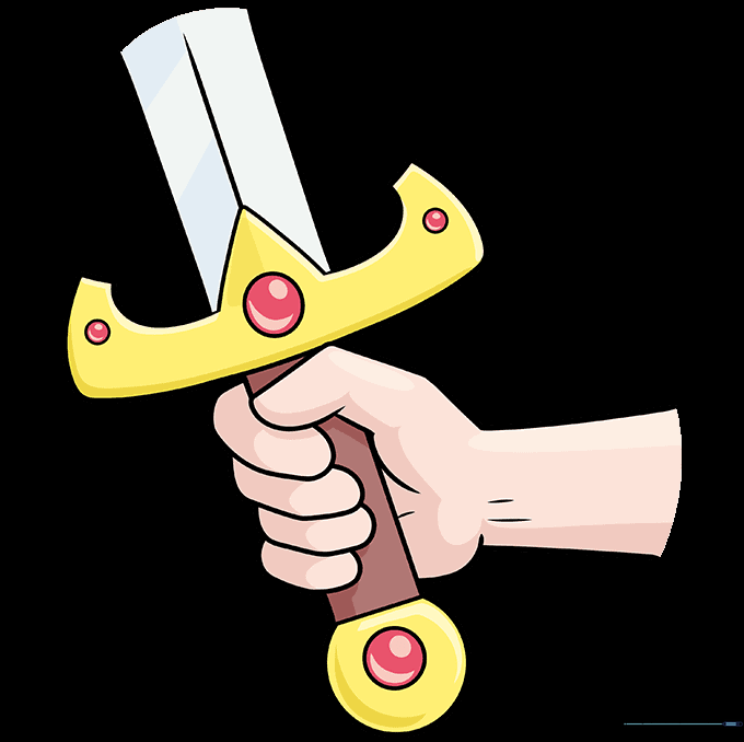 Finished, colored drawing of a hand holding a sword.