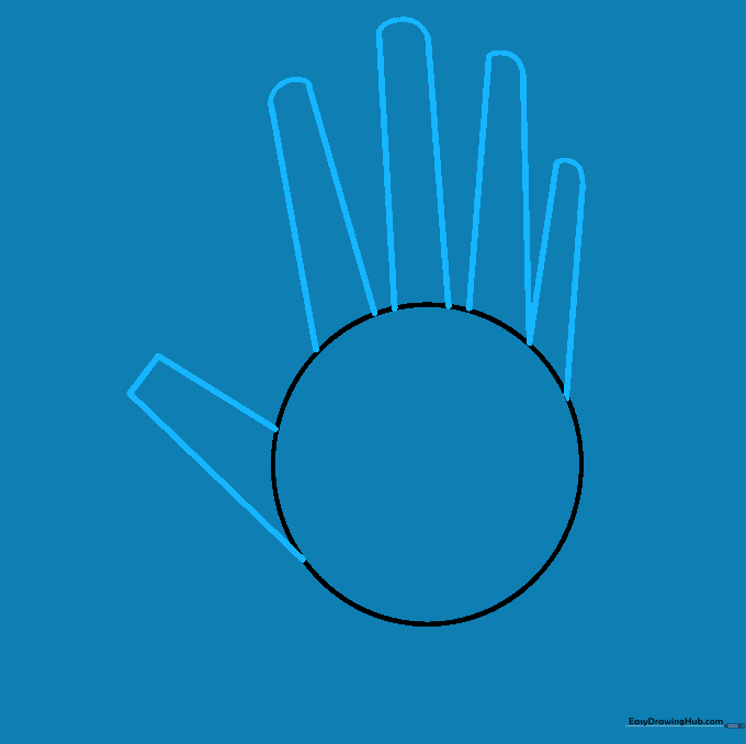 Sketching finger outlines using straight lines extending from the palm circle.