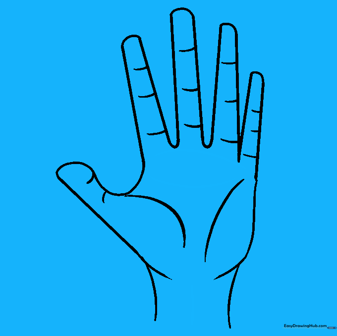 Finalizing the hand drawing with subtle palm and wrist tendon details.