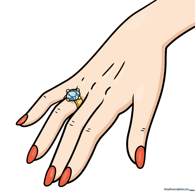 A fully colored cartoon hand wearing a sparkling diamond ring.