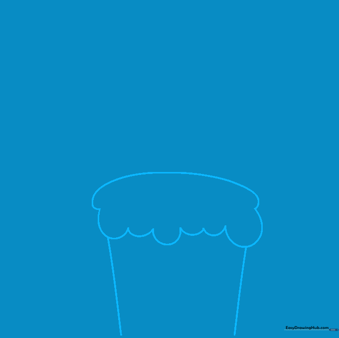 Drawing the base of a birthday cake with scalloped icing edges on a white background.