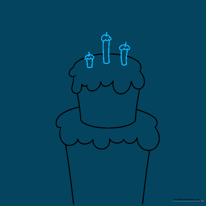 Drawing three birthday candles with melting wax details on top of the cake.