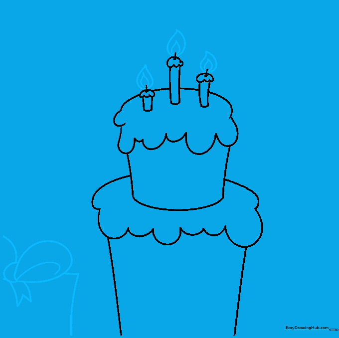 Adding flames to the candles and beginning to draw a gift box with a bow.