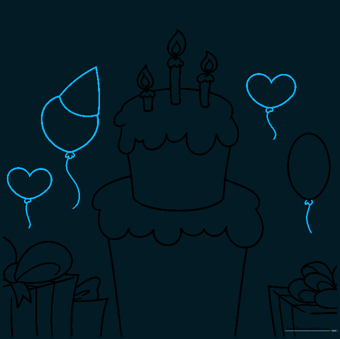 Drawing a bunch of balloons including heart shapes and one wearing a party hat.