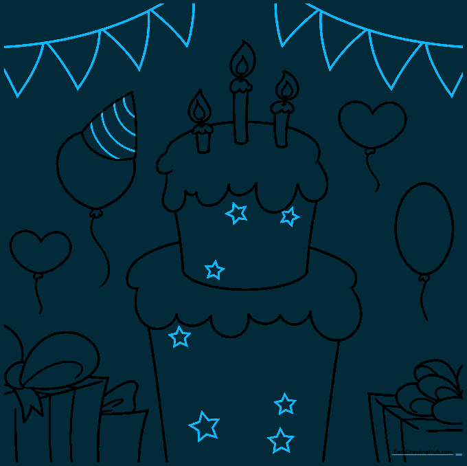 Adding pennant banners and star decorations to the birthday scene.