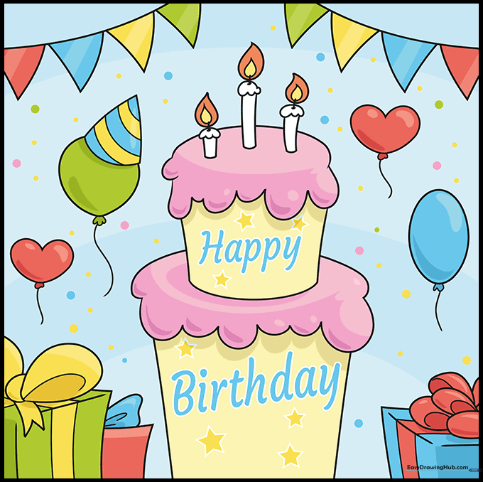 A fully colored and vibrant birthday card drawing.