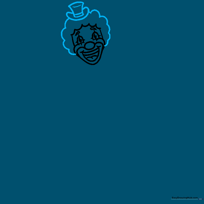 Clown wearing a top hat with fluffy, curly hair surrounding the face.