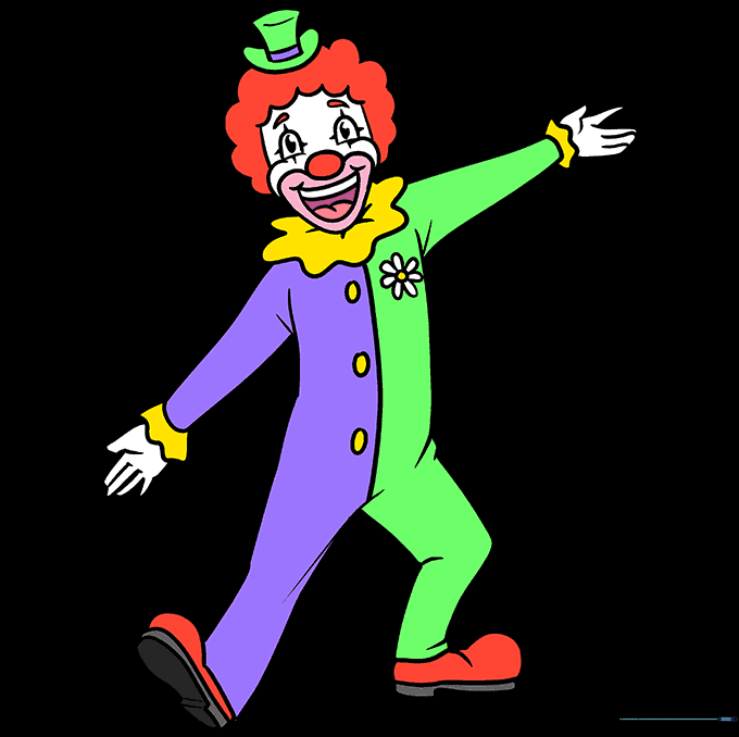 Finished, colorful drawing of a happy clown with bright clothing and a red nose.
