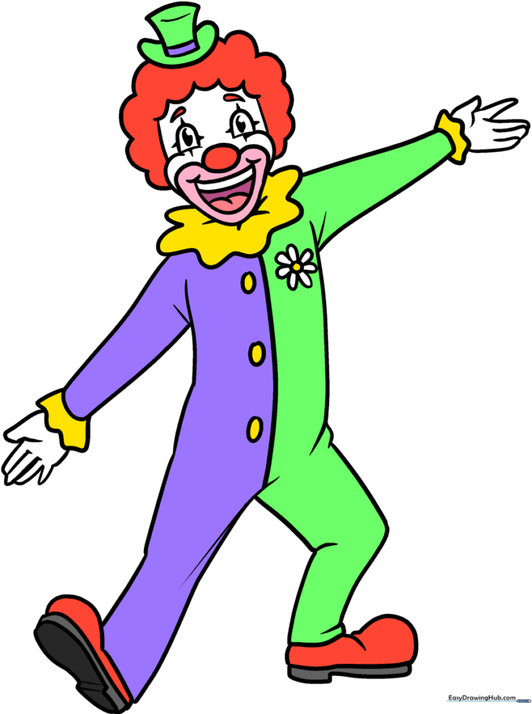 A colorful, friendly clown character standing in a cheerful pose, ready for a circus performance.