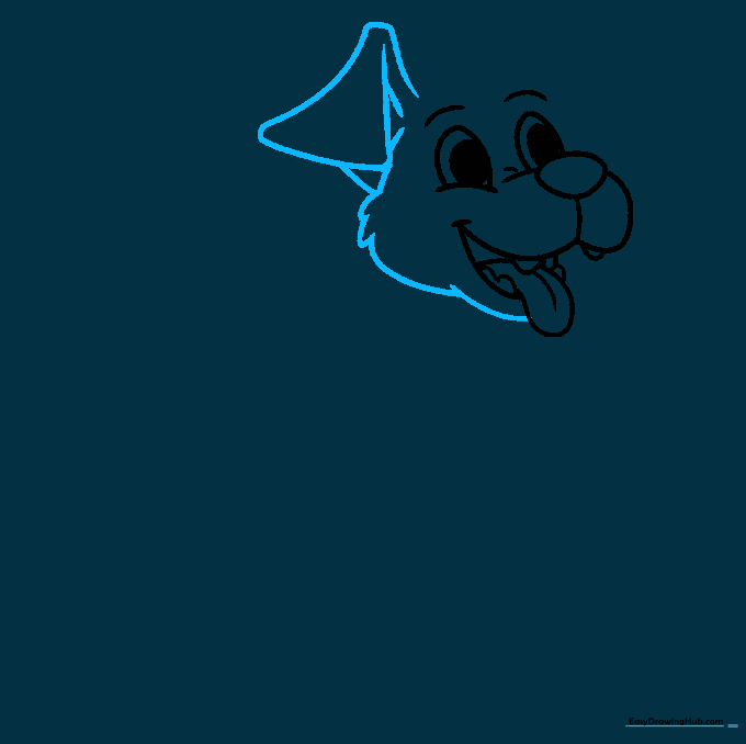 Drawing showing the addition of a floppy ear and textured fur lines around the dog's face.