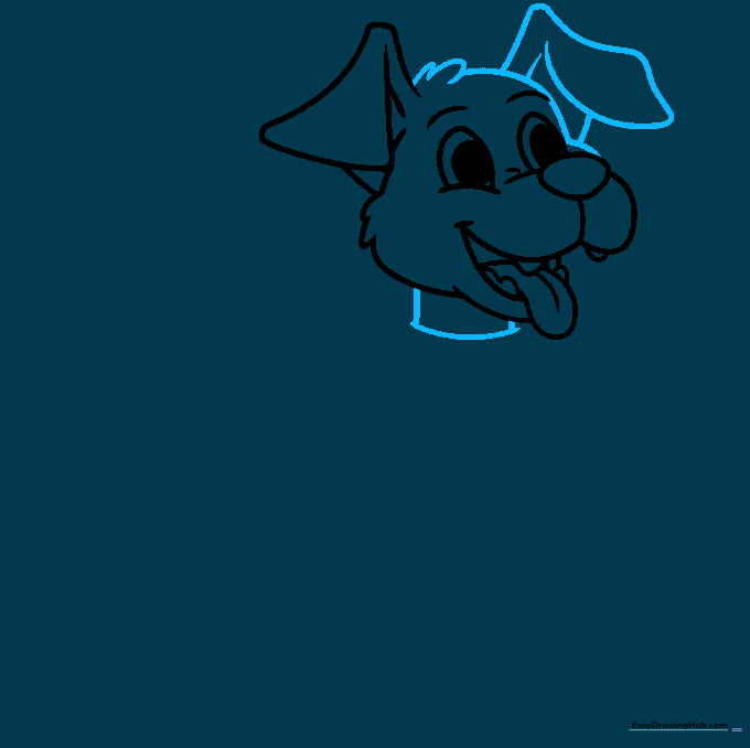 Drawing showing the completed head shape with two ears and the beginning of the neck.