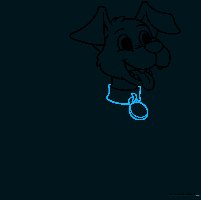 Drawing showing a dog collar with a circular ID tag attached to the neck.