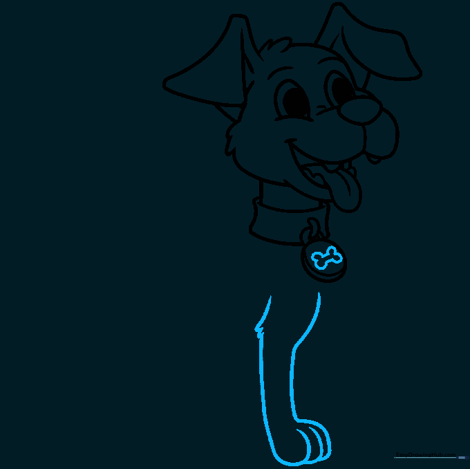 Drawing showing the addition of a front leg with paw details and a bone icon on the tag.