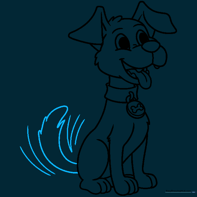 Drawing showing the addition of a wagging tail with motion lines to indicate excitement.