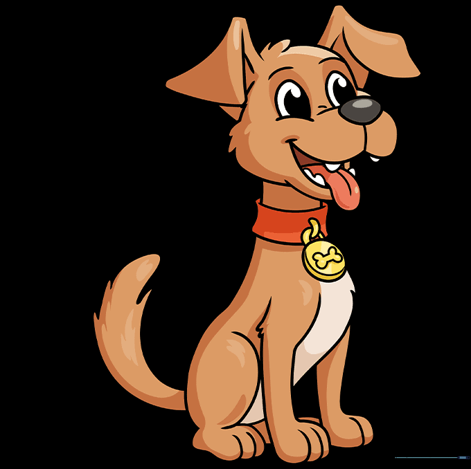 Final colored illustration of a happy, sitting dog with a wagging tail.