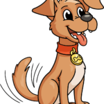 A colorful, friendly cartoon dog sitting and wagging its tail, used as the featured image for the drawing tutorial.