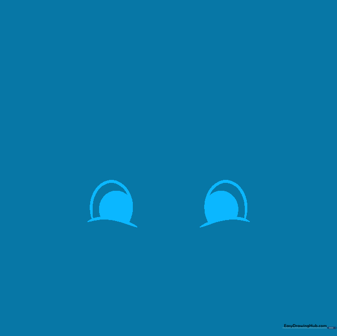 Close-up of two cartoon eyes with pupils being drawn on white paper.