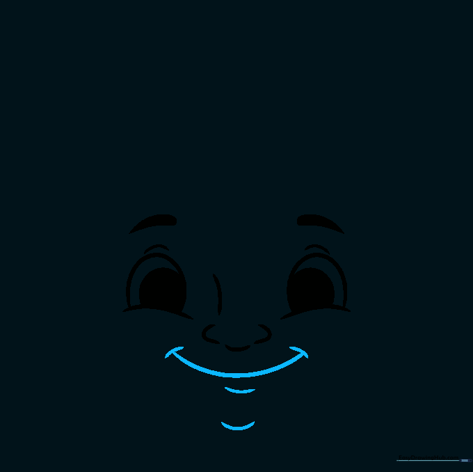 Drawing a wide, cheerful mouth with dimples on a cartoon face.