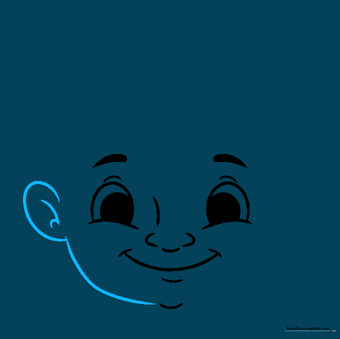 Outlining the left side of the face and drawing the ear.