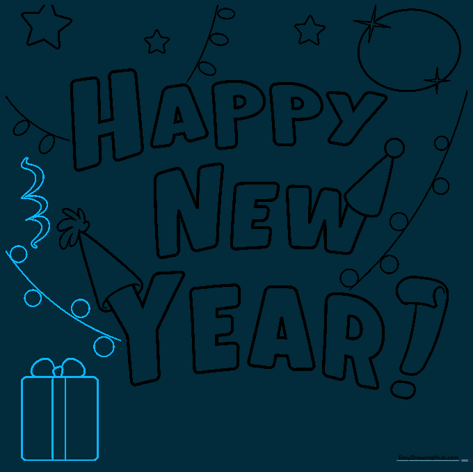 Drawing streamers and a wrapped gift box at the bottom of the page.