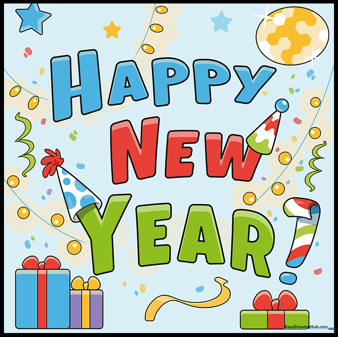 The completed, colored New Year card drawing.