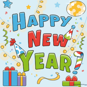 A colorful, finished Happy New Year card drawing featuring gifts, lights, and confetti.
