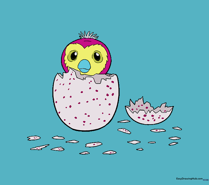 A fully colored, finished Hatchimal drawing with bright, vibrant colors.